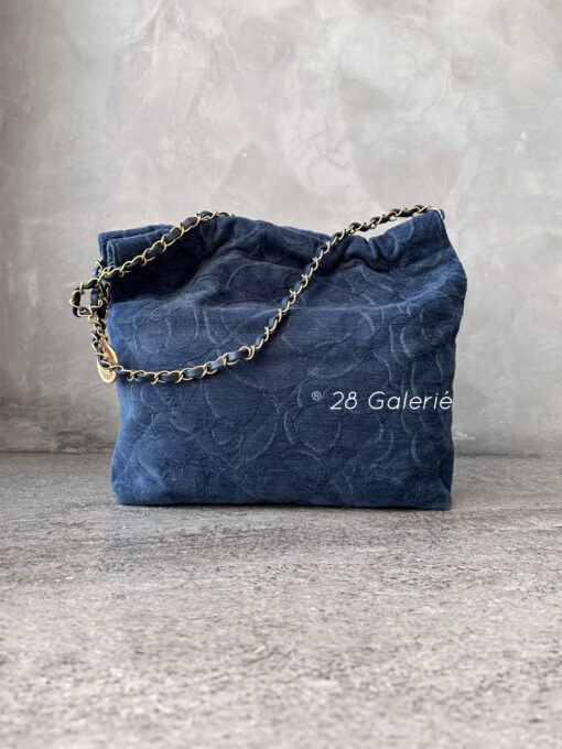 Chanel Dark Blue C22 Small Handbag in Camellia Print Denim and Gold-tone Metal Hardware