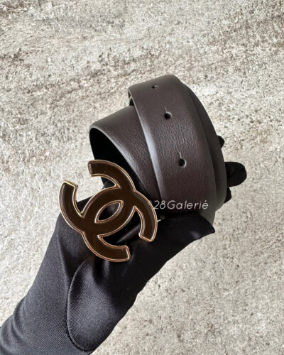 Chanel Logo Belt 85 in Dark Brown Calfskin Leather and Gold Hardware with Enamel Inlay