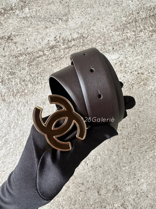 Chanel Logo Belt 85 in Dark Brown Calfskin Leather and Gold Hardware with Enamel Inlay