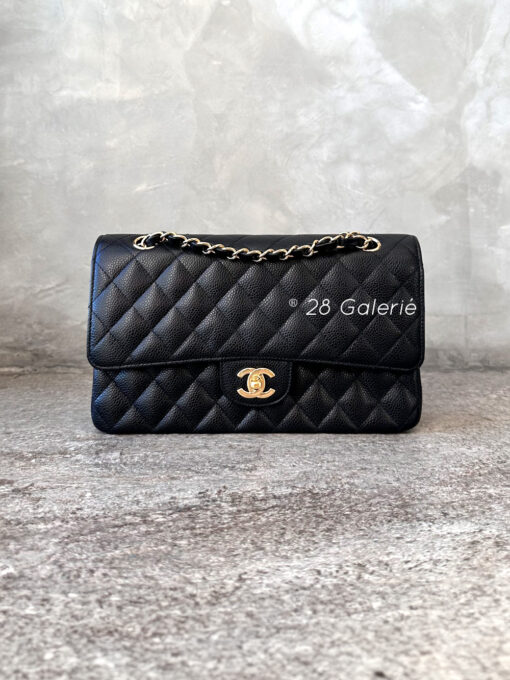 Chanel Vintage Black Medium Classic Double Flap in Caviar Leather and Gold Hardware Series 10