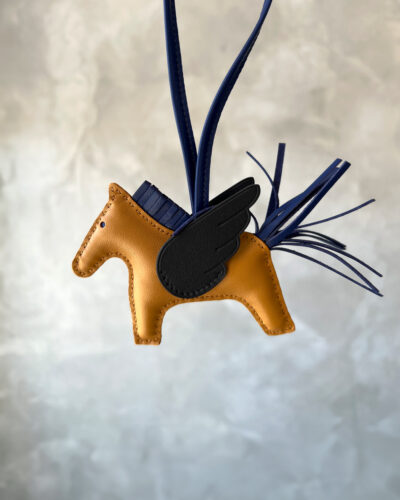 Hermes Rodeo Pegase PM charm in Sesame, Blue Sapphire and Black Agneau leather