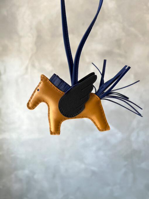 Hermes Rodeo Pegase PM charm in Sesame, Blue Sapphire and Black Agneau leather