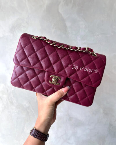 Chanel 22k Small Burgundy Classic Flap in Caviar Leather and Gold Hardware