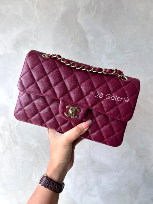 Chanel 22k Small Burgundy Classic Flap in Caviar Leather and Gold Hardware