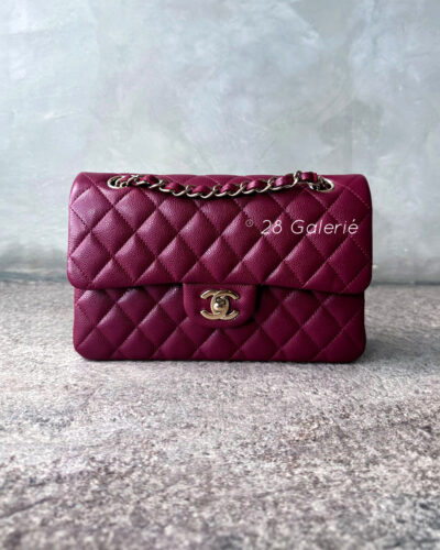 Chanel 22k Small Burgundy Classic Flap in Caviar Leather and Gold Hardware