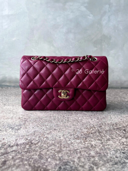 Chanel 22k Small Burgundy Classic Flap in Caviar Leather and Gold Hardware