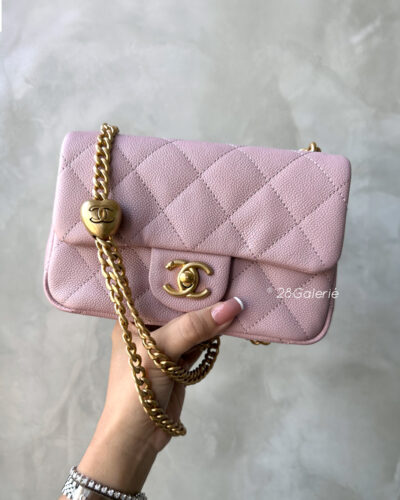 Chanel 24P Pink Mini Sweetheart Caviar Flap in Caviar Leather and Aged Gold Hardware