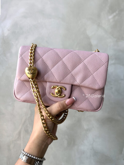 Chanel 24P Pink Mini Sweetheart Caviar Flap in Caviar Leather and Aged Gold Hardware