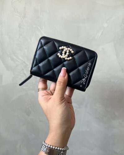 CHANEL 24P CC Zip Around Wallet with Pearl Strass Logo in Lambskin Leather and Gold Hardware