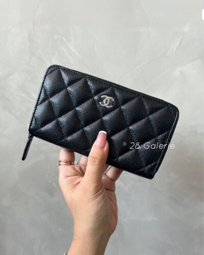 Chanel 24P CC Zip Around Medium Size Wallet in Caviar Leather and Silver Hardware