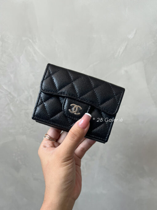 Chabel 24P Trifold Wallet in Caviar Leather and Silver Hardware