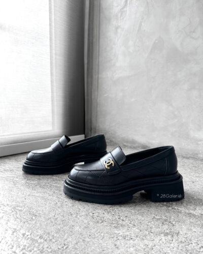 Chanel Black Calfskin CC Moccassin Loafers in Size 36.5