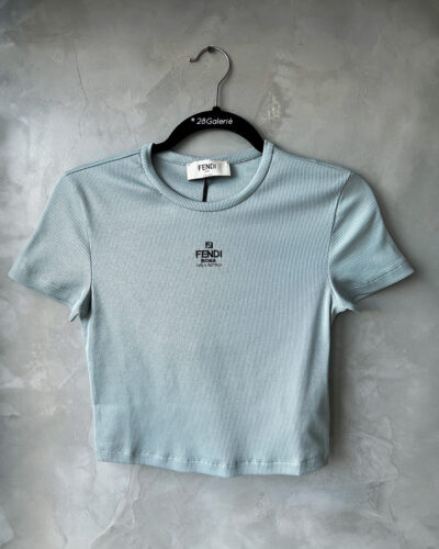 Fendi Blue Roma Ribbed Top with Embroidered Logo