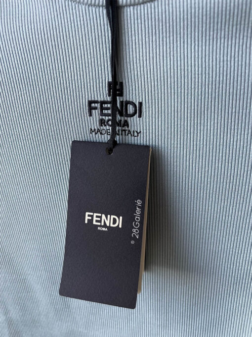 Fendi Blue Roma Ribbed Top with Embroidered Logo