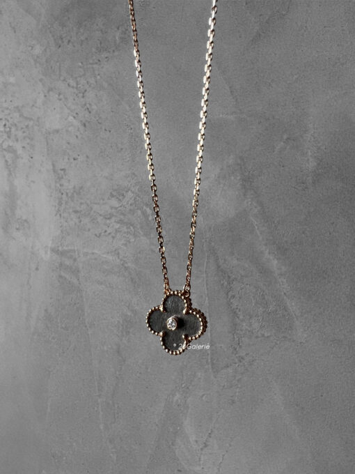 Van Cleef & Arpels 18K Rose Gold 2023 Holiday Pendant Silver Obsidian Diamond Vintage Alahambra Necklace