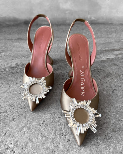 Amina Mauddi Taupe Begum Slingbacks in Satin Fabric and Calfskin Leather with Silver Hardware