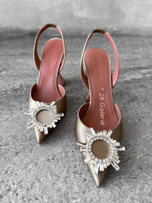 Amina Mauddi Taupe Begum Slingbacks in Satin Fabric and Calfskin Leather with Silver Hardware