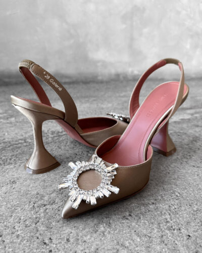 Amina Mauddi Taupe Begum Slingbacks in Satin Fabric and Calfskin Leather with Silver Hardware