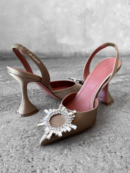 Amina Mauddi Taupe Begum Slingbacks in Satin Fabric and Calfskin Leather with Silver Hardware