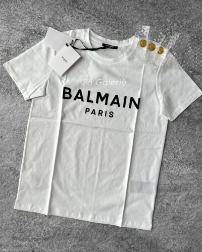 Balmain White Printed Crewneck T-Shirt with Gold Buttons