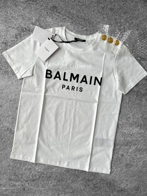 Balmain White Printed Crewneck T-Shirt with Gold Buttons