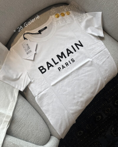 Balmain White Printed Crewneck T-Shirt with Gold Buttons