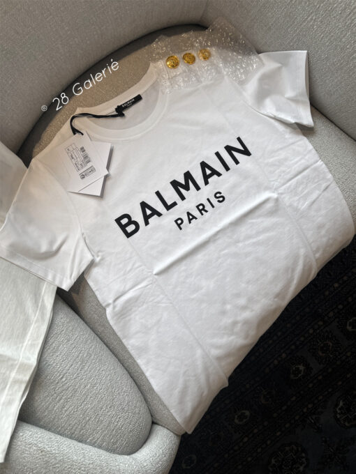 Balmain White Printed Crewneck T-Shirt with Gold Buttons