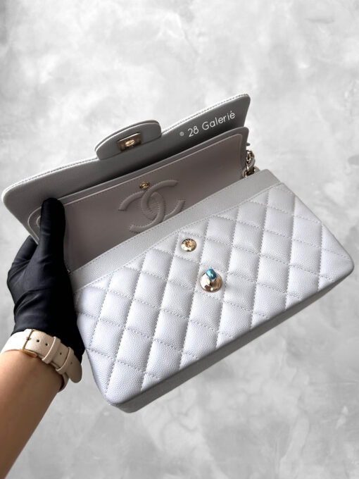 Chanel 21A Grey Small Classic Double Flap in Caviar Leather and Gold Hardware