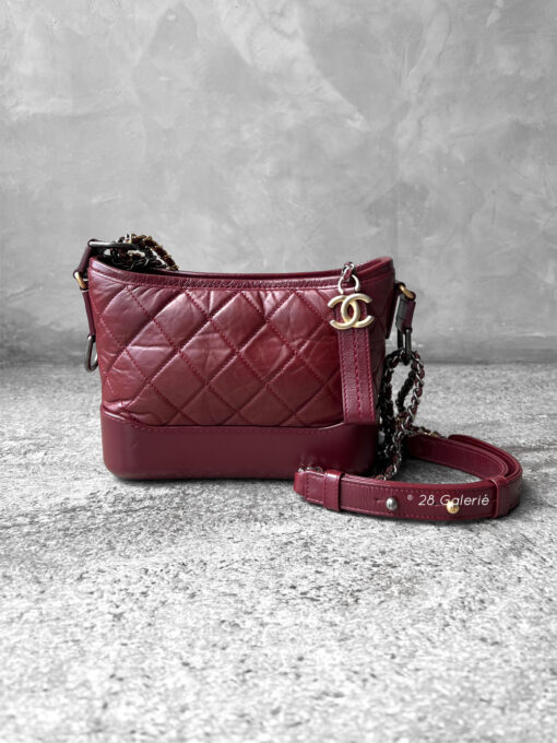 Chanel Burgundy Small Gabrielle Bag in Aged Calfskin and Gold and Ruthenium Hardware