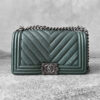 Chanel Medium Olive Green Chevron Le Boy in Caviar Leather with Aged Silver Harware