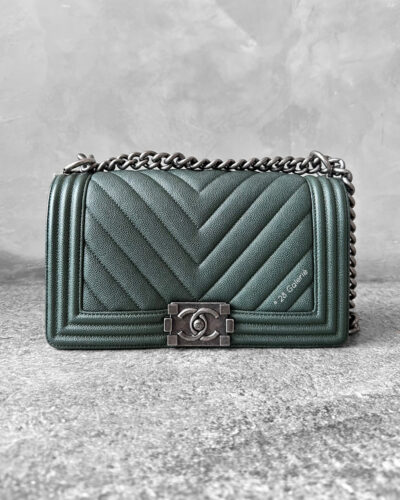 Chanel Medium Olive Green Chevron Le Boy in Caviar Leather with Aged Silver Harware