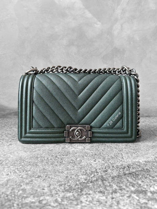 Chanel Medium Olive Green Chevron Le Boy in Caviar Leather with Aged Silver Harware