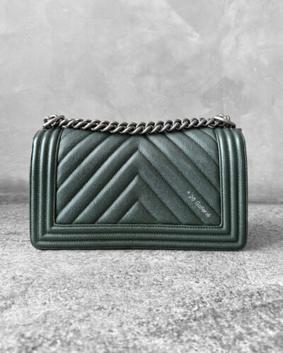 Chanel Medium Olive Green Chevron Le Boy in Caviar Leather with Aged Silver Harware