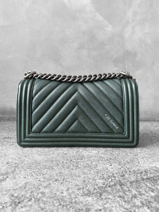 Chanel Medium Olive Green Chevron Le Boy in Caviar Leather with Aged Silver Harware