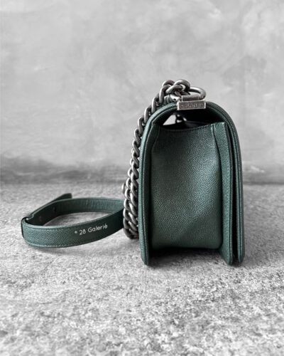 Chanel Medium Olive Green Chevron Le Boy in Caviar Leather with Aged Silver Harware