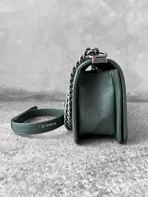 Chanel Medium Olive Green Chevron Le Boy in Caviar Leather with Aged Silver Harware