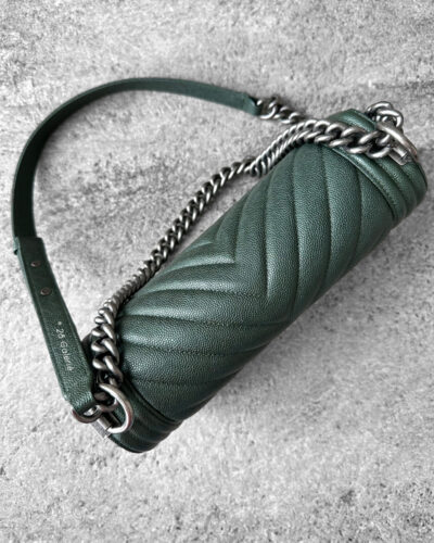 Chanel Medium Olive Green Chevron Le Boy in Caviar Leather with Aged Silver Harware