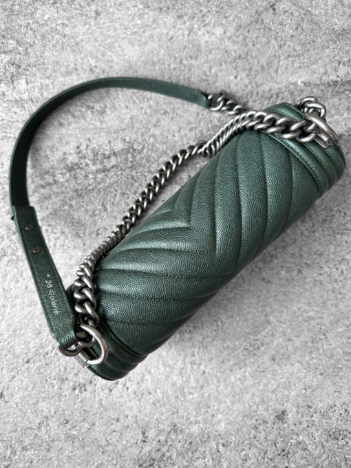 Chanel Medium Olive Green Chevron Le Boy in Caviar Leather with Aged Silver Harware