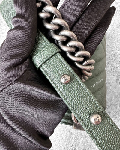 Chanel Medium Olive Green Chevron Le Boy in Caviar Leather with Aged Silver Harware