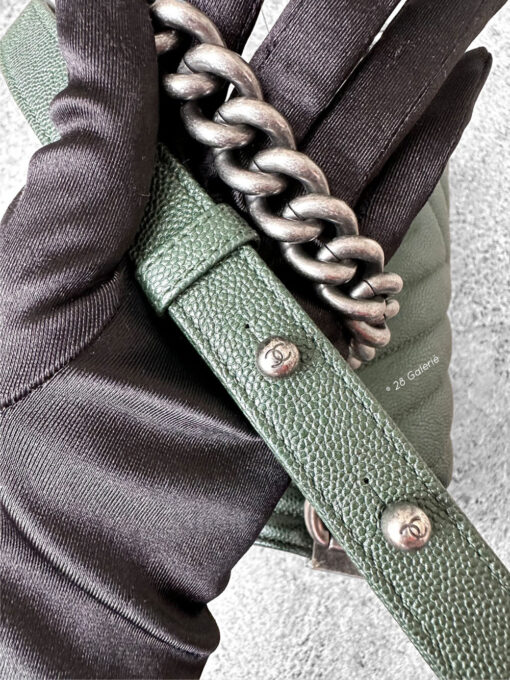 Chanel Medium Olive Green Chevron Le Boy in Caviar Leather with Aged Silver Harware