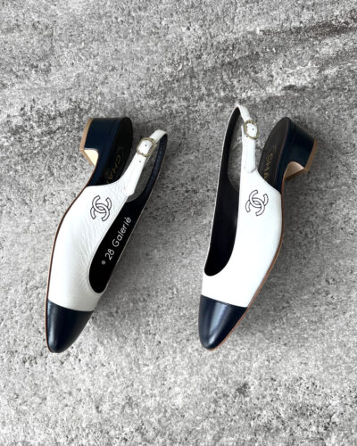 Chanel White and Dark Navy Cap Toe CC Slingback Pumps in Calfskin Leather EU 36