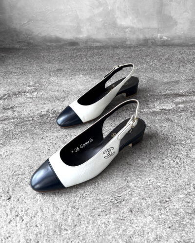 Chanel White and Dark Navy Cap Toe CC Slingback Pumps in Calfskin Leather EU 36