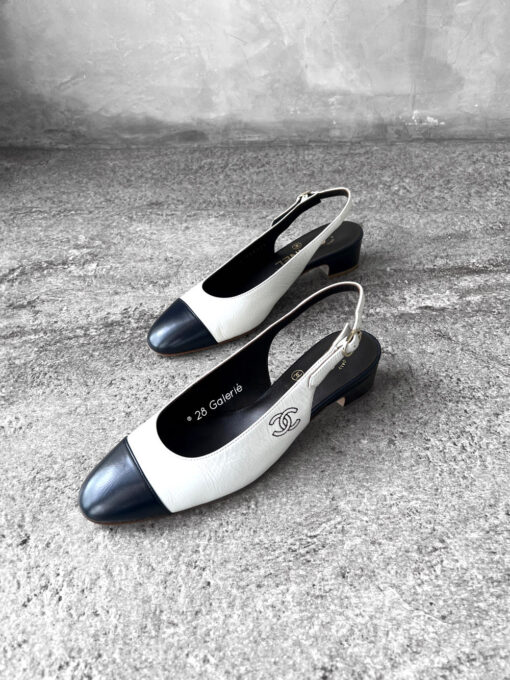 Chanel White and Dark Navy Cap Toe CC Slingback Pumps in Calfskin Leather EU 36