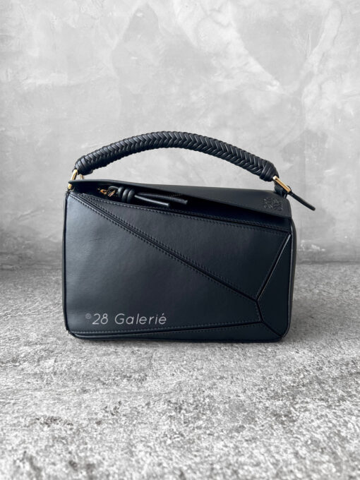 Loewe Small Black Puzzle Woven Handle Bag in Calfskin Leather and Gold Hardware