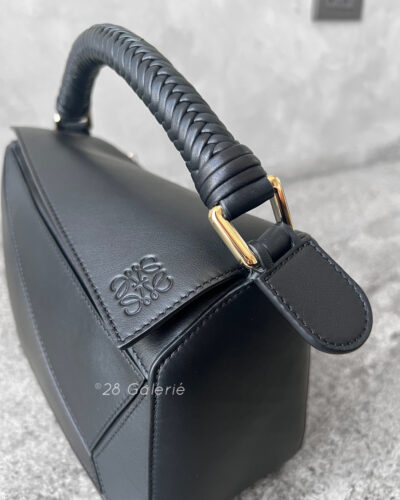 Loewe Small Black Puzzle Woven Handle Bag in Calfskin Leather and Gold Hardware