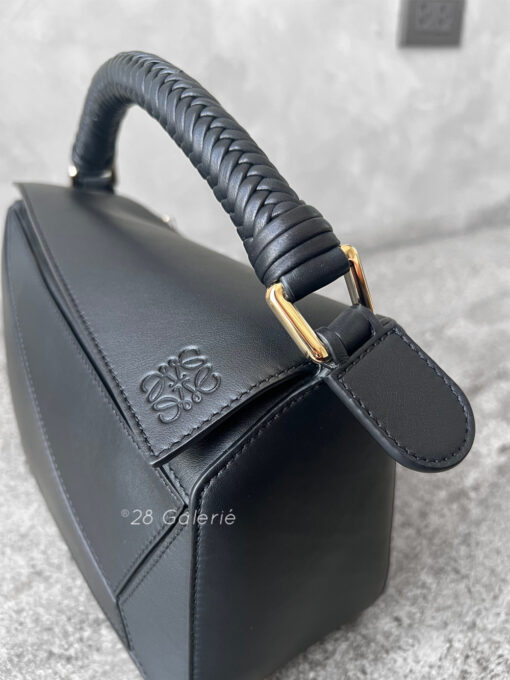 Loewe Small Black Puzzle Woven Handle Bag in Calfskin Leather and Gold Hardware