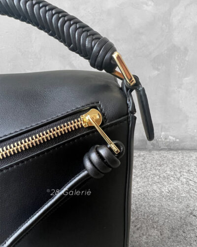 Loewe Small Black Puzzle Woven Handle Bag in Calfskin Leather and Gold Hardware