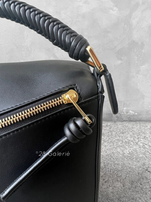 Loewe Small Black Puzzle Woven Handle Bag in Calfskin Leather and Gold Hardware