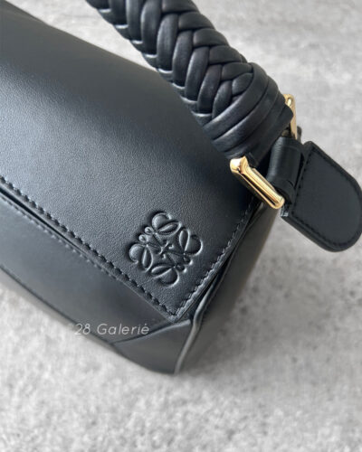 Loewe Small Black Puzzle Woven Handle Bag in Calfskin Leather and Gold Hardware