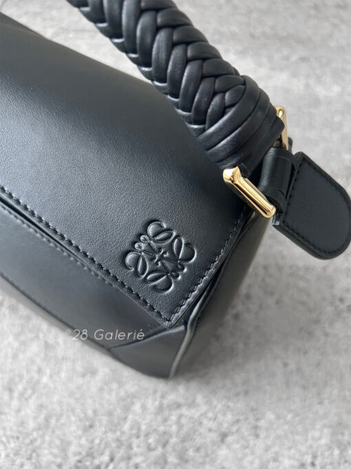 Loewe Small Black Puzzle Woven Handle Bag in Calfskin Leather and Gold Hardware